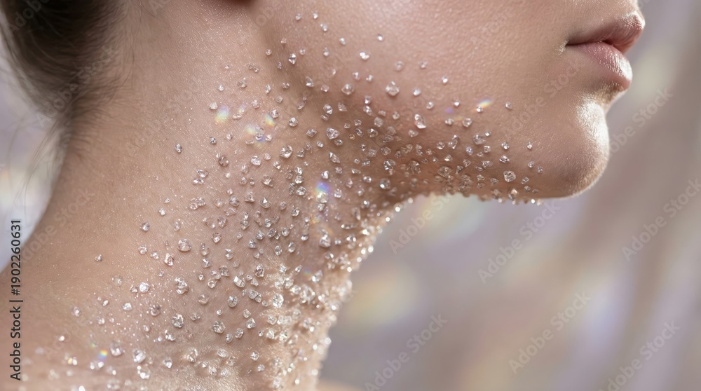 Fototapeta premium Woman's delicate neck and chin sparkle with tiny, clear crystals, emphasizing skin beauty, natural glow, and cosmetic care, creating a fresh, radiant body care concept