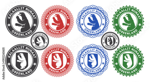 Vector graphic set seals. In Greenlandic inscription means Greenland. Collection of round icons with northern symbol polar bear and shield. Color stickers or emblem