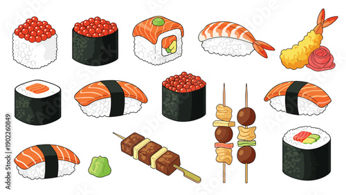 Assortment of traditional Japanese sushi and appetizers featuring nigiri, maki rolls, shrimp tempura, and grilled meat skewers on white.