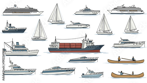 Collection of different types of boats and ships including sailboats, luxury yachts, large cargo vessels, and small wooden rowing canoes.