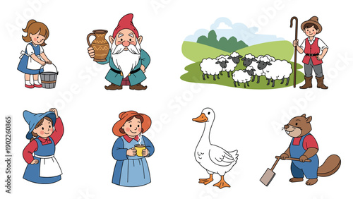 Set of charming fairy tale characters including a village girl, a gnome with a jar, a shepherd with sheep, and a hardworking beaver.
