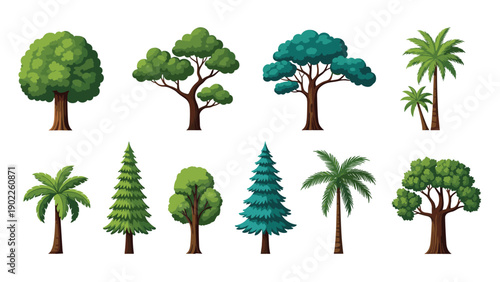 Collection of various tree types including leafy green deciduous trees, tall pine trees, and different tropical palm tree varieties.