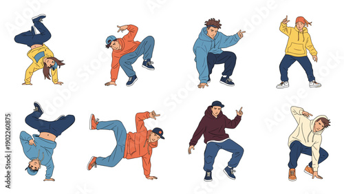 Set of illustrations showing young breakdancers in stylish streetwear performing dynamic hip hop dance moves and acrobatic poses.