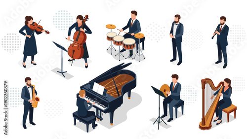 Isometric view of a professional orchestra ensemble featuring musicians playing classical instruments like violin, piano, and drums.