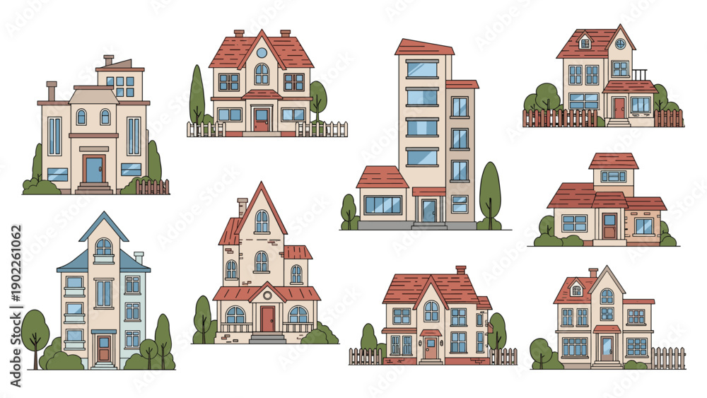 Obraz premium Detailed set of various house illustrations showcasing diverse architectural styles, sizes, and colors for residential neighborhood mapping.