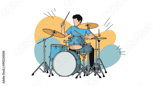 Enthusiastic drummer playing a full blue drum set with cymbals against a modern background with abstract yellow and light blue shapes.