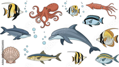 Illustration of diverse sea life including dolphins, octopus, fish, a squid, and a seashell with blue bubbles on a white background.
