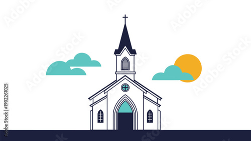 Simple graphic illustration of a white church building with a cross on the steeple against a blue sky with clouds and a yellow sun.