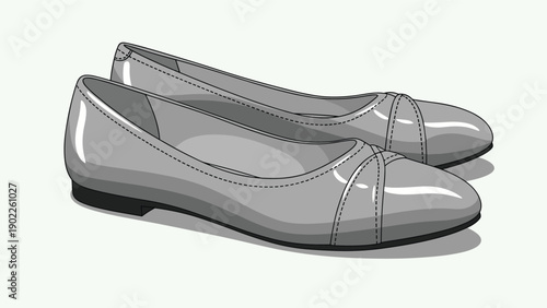 Pair of elegant gray flat shoes for women with a glossy finish and decorative stitching shown from a side angle on a light background.