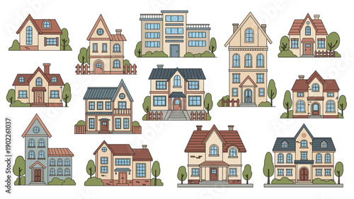 Set of different architectural house designs featuring various roof types, colors, and window styles for suburban neighborhood concepts.