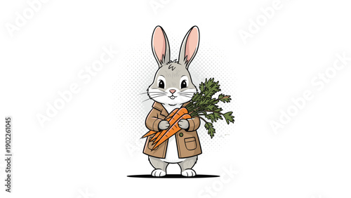 Cute rabbit character wearing a brown coat and holding a bunch of fresh orange carrots against a white background.