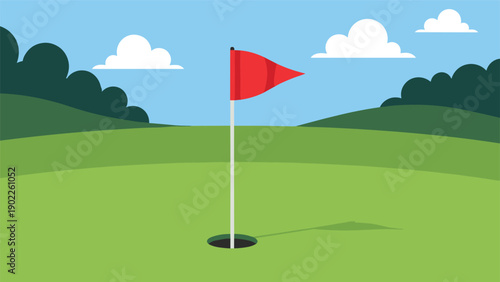 Minimalist golf course landscape featuring a single green with a red flag inside the hole under a blue sky.