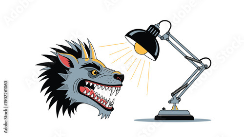 Intense illustration of a snarling wolf head being illuminated by a classic desk lamp on a white background.