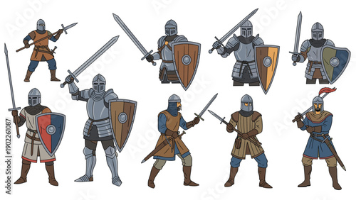 Selection of medieval knight characters in various poses wearing plate armor and carrying swords, shields, and spears.