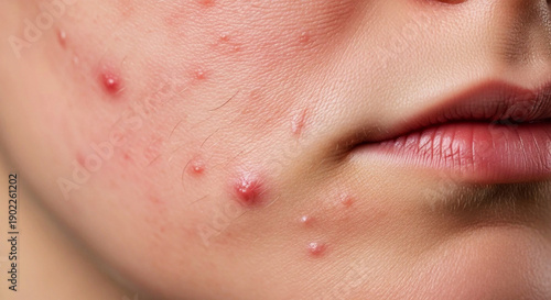 Close up of human skin with red inflamed acne pimples and lips face breakout