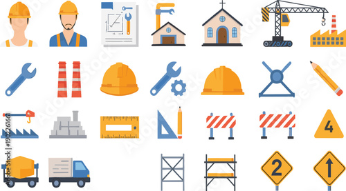 Construction and Industrial Icon Vector Set with Worker Safety Equipment Tools Machinery Buildings and Road Warning Symbols