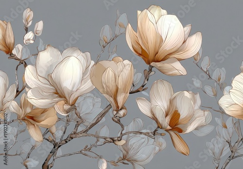 Illustration of several delicate, transparent, creamy-colored magnolia blossoms and buds on grey stems