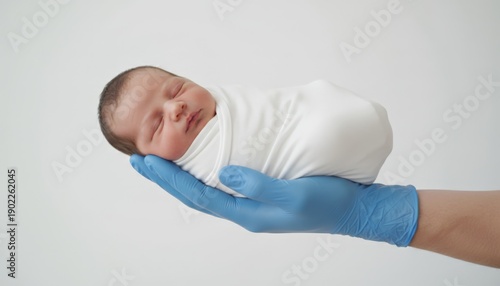 Newborn baby wrapped in white swaddling, sleeping peacefully while cradled gently in a doctor's hand wearing a protective blue glove, symbolizing medical care, new life, and ivf treatment
