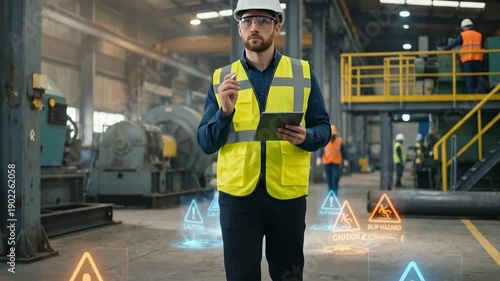 Man technician walking in factory with tablet and stylus surrounded by holographic safety warnings, industrial augmented reality concept