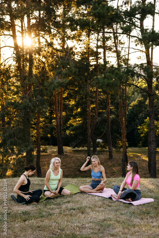 Fototapeta premium Group of women sitting and talking after outdoor yoga session in a park. Community, friendship, relaxation and wellness lifestyle concept.