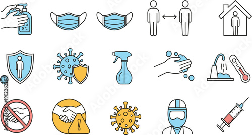 COVID-19 Hygiene and Safety Icon Vector Set with Mask Hand Washing Social Distancing Disinfection Medical Prevention Symbols