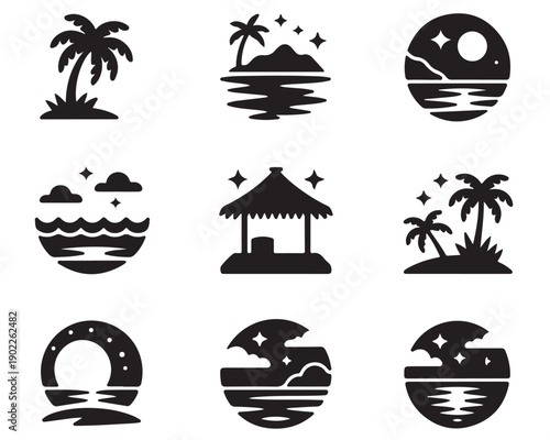Tropical island vacation icons, palm trees, ocean waves, beach hut, moonlit night, sea landscape, vector illustrations