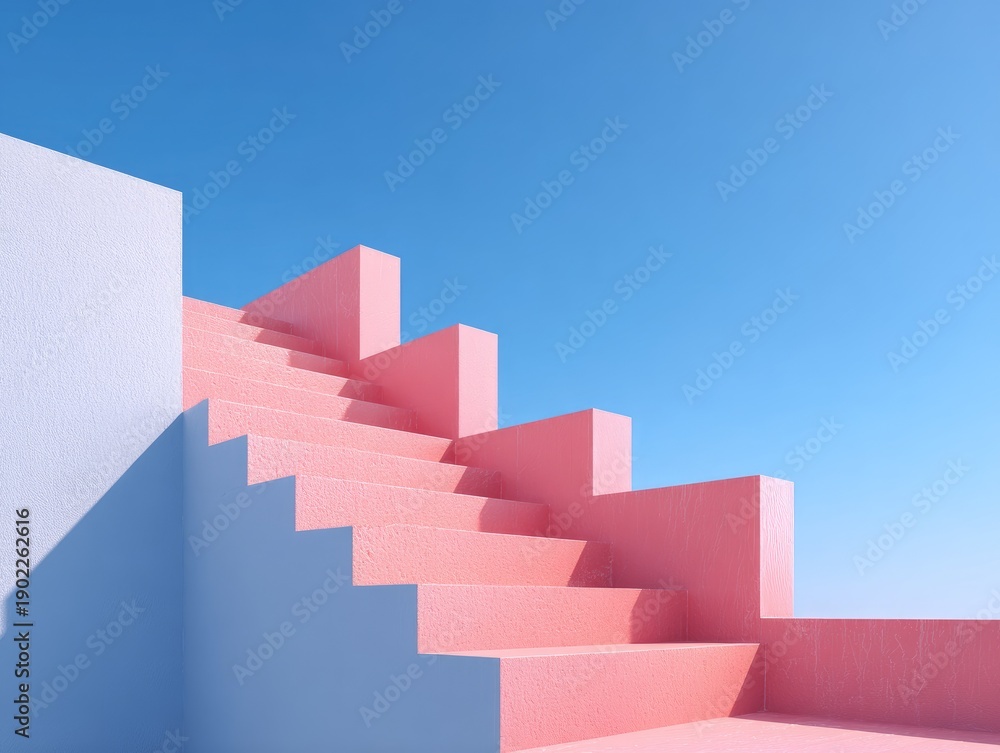 Fototapeta premium An abstract architectural rendering showcases a pink staircase ascending against a stark white wall under a vibrant, cloudless blue sky