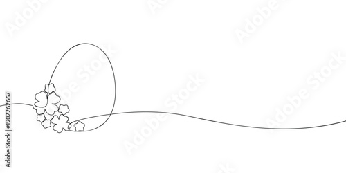 A simple continuous one-line drawing of an Easter egg adorned with flowers, representing spring, renewal, and holiday celebration in minimalist style.