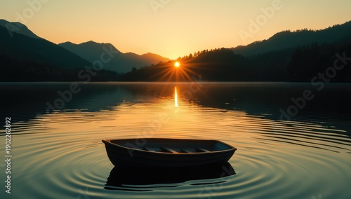 Small rowboat on tranquil lake shore at sunrise, escape, rural, shore