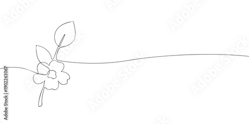Minimalist black and white one-line illustration featuring a delicate flower with two leaves, ideal for modern design projects.