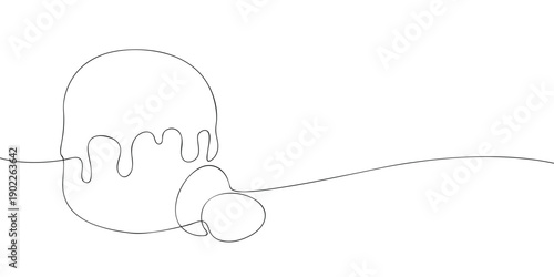 A continuous line drawing of an Easter cake with icing dripping down and an egg beside it, in minimalist style.
