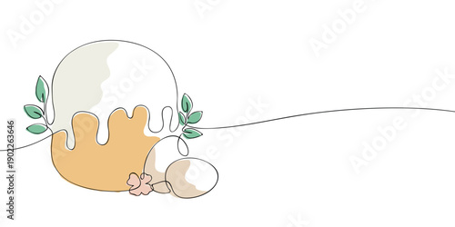 A simple one-line drawing of a traditional Easter cake with icing, leaves, and eggs in a modern minimalist style with pastel colors.