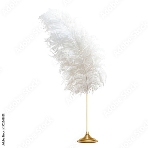 Elegant white ostrich feather displayed on a golden stand isolated on a transparent background white feather
