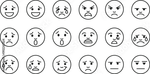 Collection of eighteen unique black and white line icon emoticons displaying a wide range of human emotions from happiness to intense sadness and anger