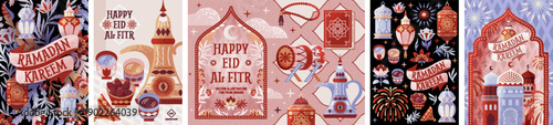 Ramadan Kareem and Eid al-Fitr. Vector illustrations of lanterns, mosque arche, Islamic pattern, food, iftar, Koran, elements for poster, greeting card, background, icons, or postcard