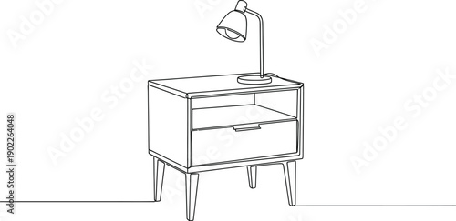 Minimalist continuous line drawing depicts a contemporary bedside table featuring a single drawer and an adjustable desk lamp illumination element.
