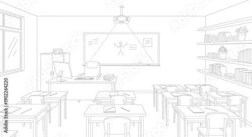 Empty modern classroom interior line art drawing featuring a teacher's desk and student seating arrangement ready for learning