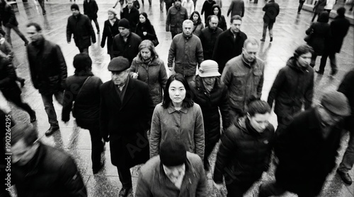 Young woman looking directly at the camera, standing out amidst a diverse, blurred crowd of people walking through a busy urban environment in a striking black and white composition