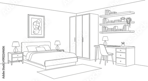 Minimalist line art illustration depicts a modern bedroom interior setup featuring a large bed nightstands wardrobe and dedicated workspace area