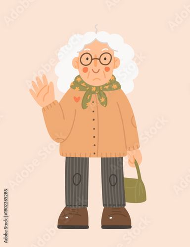 Old lady. Vector hand-drawn illustration in flat style. Cartoon happy grandmother waving hand. Stylish senior woman
