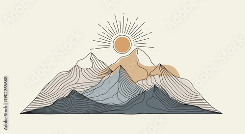 Minimalist line art illustration featuring layered mountains rising towards a stylized sunburst in soft earthy bohemian tones
