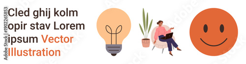 Innovation, positivity, work from home, creativity, productivity, modern living. Light bulb, smiling face woman typing near plant. Innovation and positivity concept