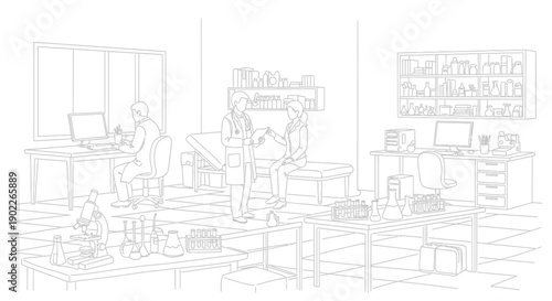 Doctor consulting with a patient in a medical laboratory setting while another scientist works diligently at a desk nearby