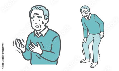 手足の痺れ・震えに悩む高齢男性のイラストセット（脳梗塞・パーキンソン病・脊柱管狭窄症）