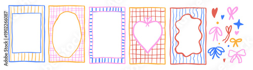 Creative kindergarten frame with bows and hearts in outline style. Doodle playful striped and checkered borders.