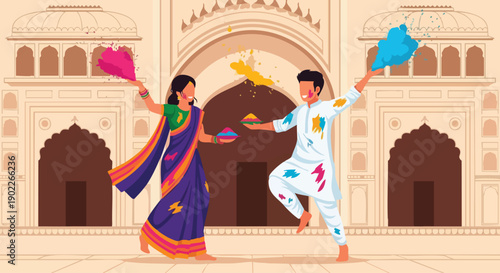 A Happy Holi vector illustration of a joyful couple celebrating the Holi festival with colorful powder against traditional Indian architecture.