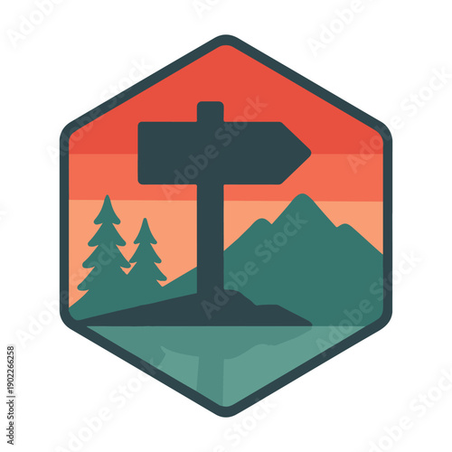 Trailhead Marker Badge illustration, Retro Mountain Sunset ClipArt, Outdoor Nature Badge Clip Art, Hiking Adventure Retro Design