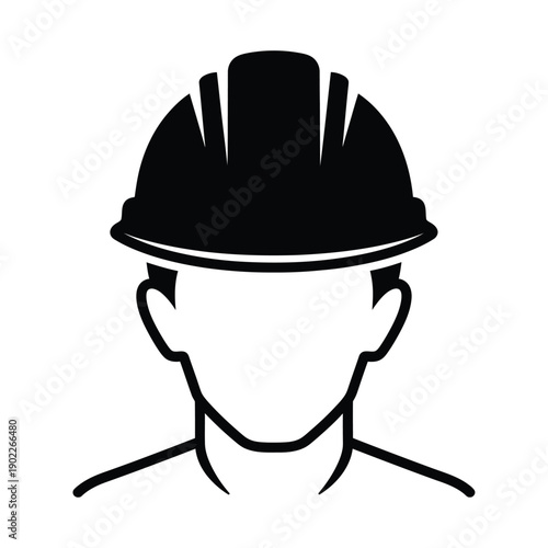 Simple black silhouette of a person wearing a hard hat on a white background