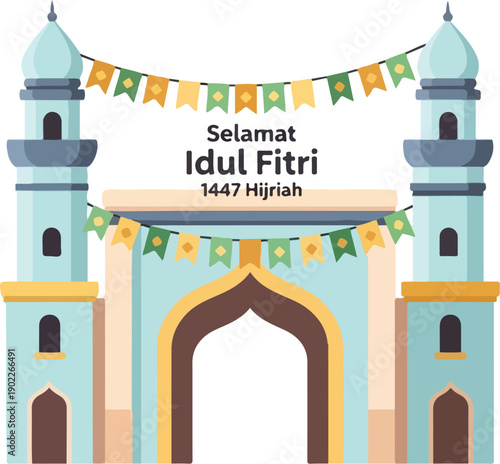 Digital illustration of a mosque with a banner reading 'Selamat Idul Fitri 1447 Hijriah' in a colorful and festive atmosphere.