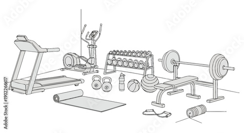 Collection of essential home gym equipment including cardio machines weights and accessories for a complete fitness routine